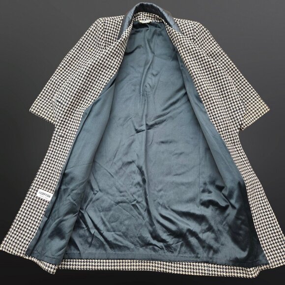 Vintage 80s Long Houndstooth Coat Womens Size M Black Beige Leather Collar - Picture 6 of 11